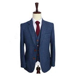 2021NEW Wool Blue Herringbone Retro gentleman style custom made Men's suits tailor suit Blazer suits for men 3 piece