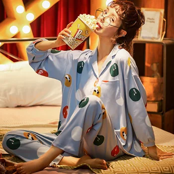 

Pajamas Suit Cotton Female Intimate Lingerie 2PCS Sleep Set Blue Cartoon Sleepwear Nightwear Home Clothing Autumn New Pyjamas