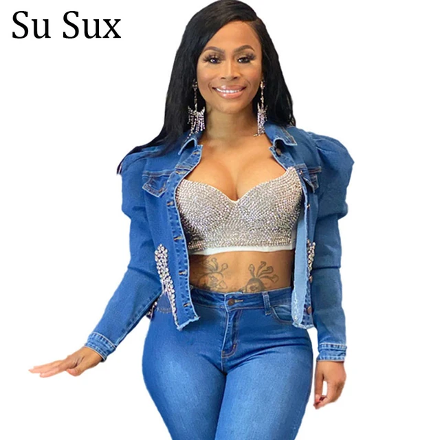 New Beading Denim Two Piece Set Tracksuit Women Plus Size 5 XL Jeans 2  Piece Set Outfits Turn Down Collar Coat and Pants Suit - AliExpress