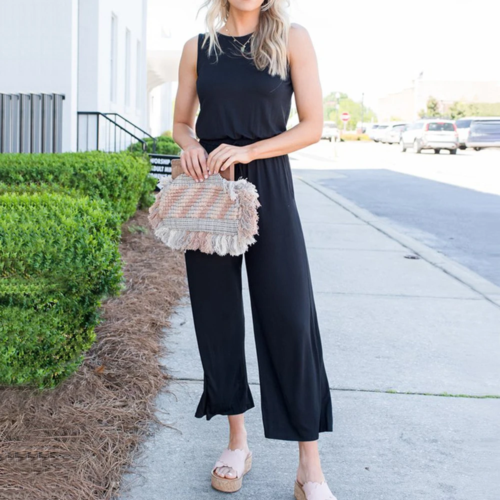 Women Jumpsuits 2020 Casual Solid Backless Loose Cotton Overalls  Wide Legs Fashion Office Lady Workwear D30