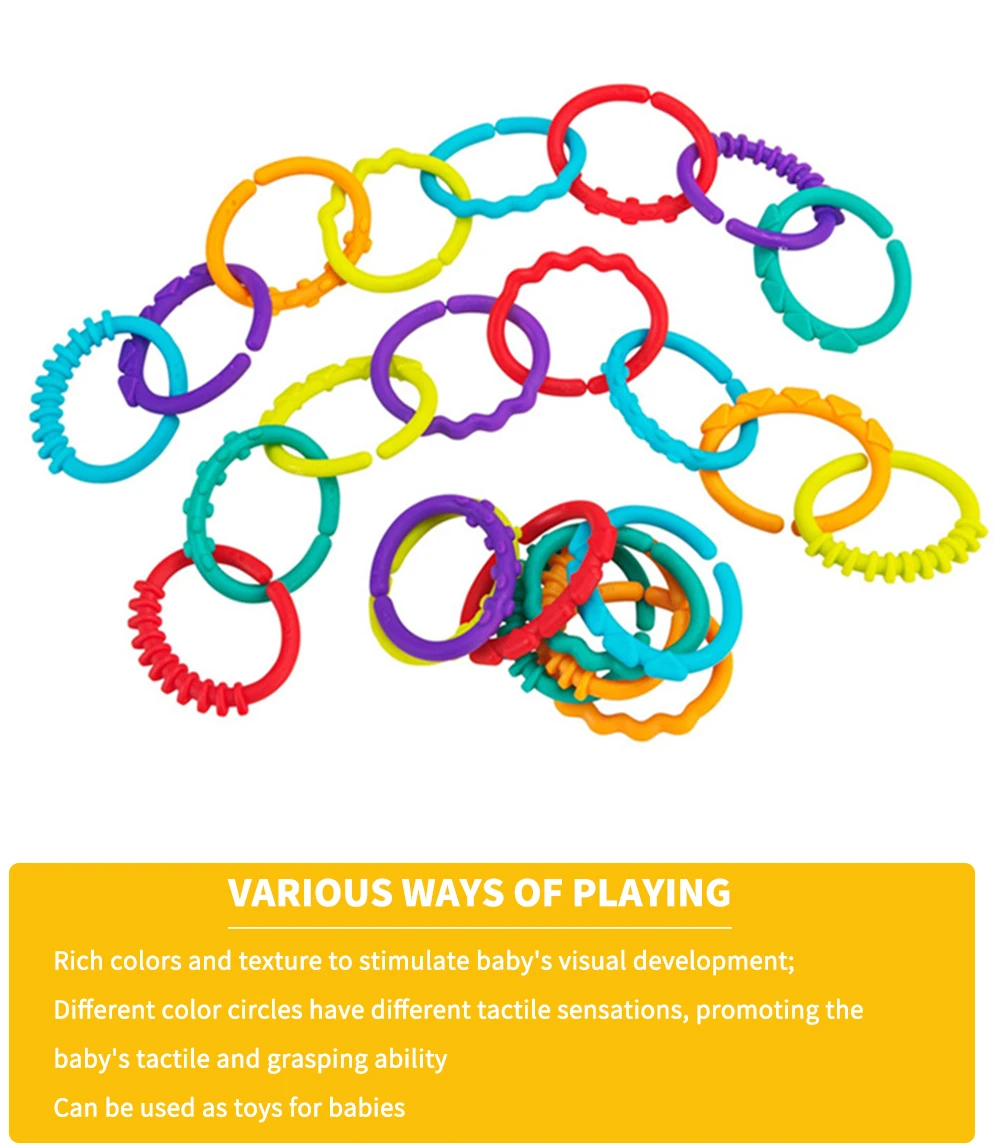 8Pcs/set Plastic Grip Baby Teether Rattles Rubber Rainbow Ring Molars Rattle Safety Toys for Children Crib Bed Stroller Hanging