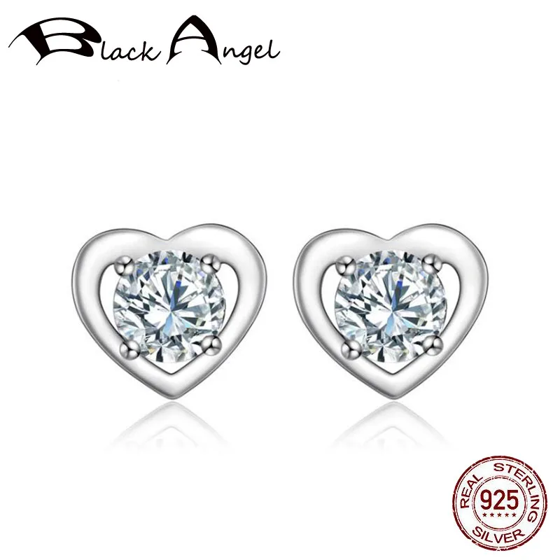 

BLACK ANGEL Romantic Heart Stud Earrings for Bride Clear Zircon Ear Studs 925 Sterling Silver Anti-allergy Jewelry