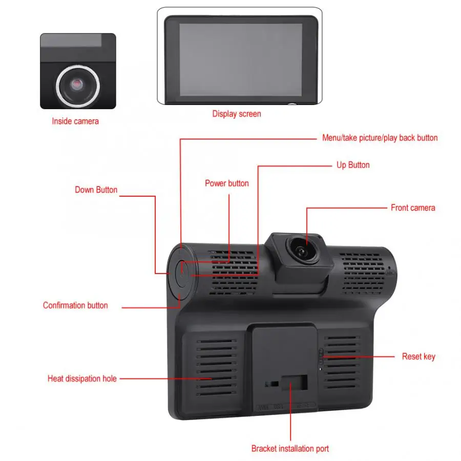 DVR камера 4 дюйма 1080P HD 3 объектива Автомобильный видеорегистратор Видео вождения рекордер Dash камера заднего вида камера ночного видения автомобильные аксессуары