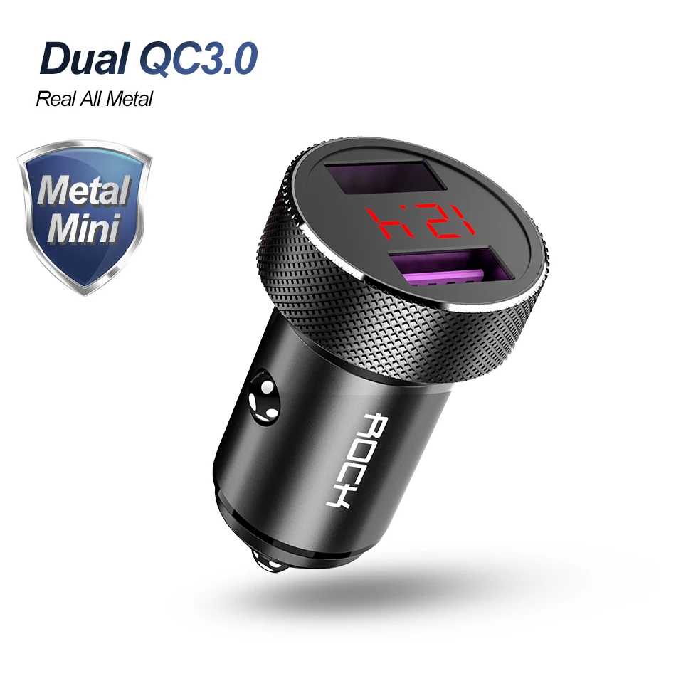 ROCK цифровой светодиодный USB металлическое автомобильное зарядное устройство дисплей двойной QC 3,0 Быстрая зарядка Usb зарядное устройство для iPhone 11 samsung huawei Xiaomi - Тип штекера: Black