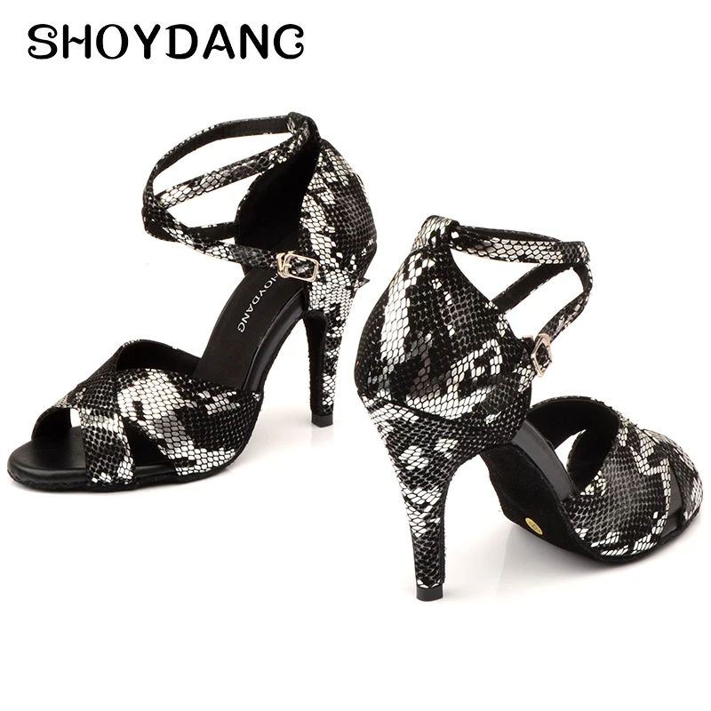 

New Black Snake Pattern Latin Dance Shoes Ladies Ballroom Dance Shoes Soft Bottom Stage Performance Banquet Dance Shoes 10CM Hig