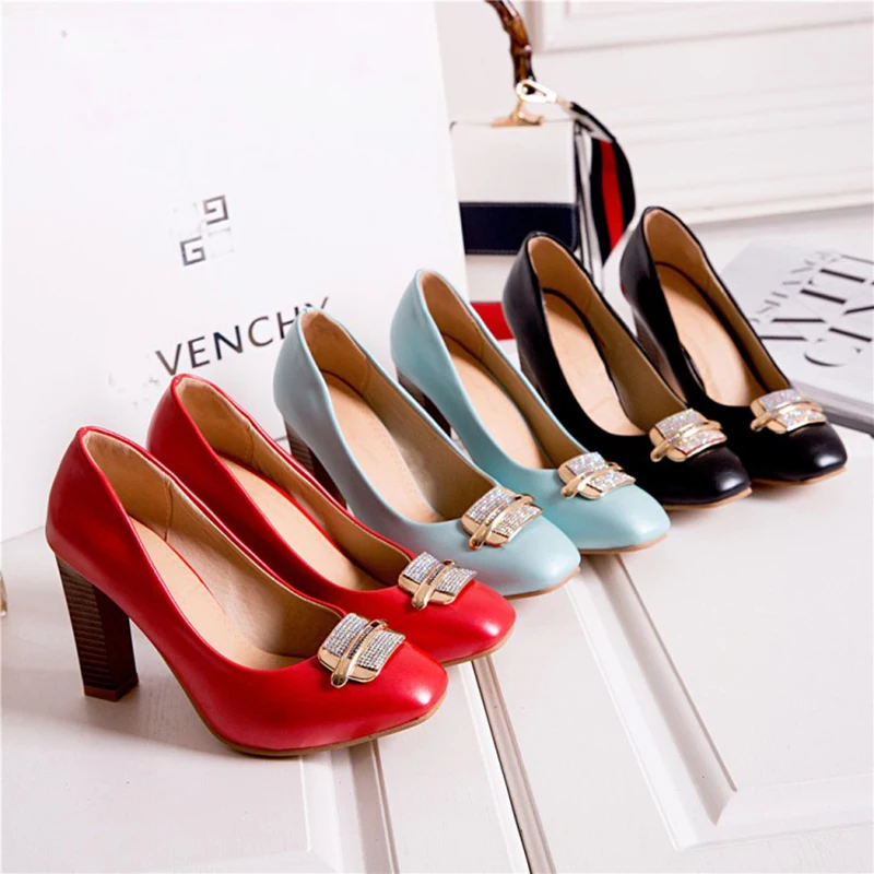 Kolnoo Handmade Womens Chunky Heels Pumps Slip-On Round-Toe Metal&Rhinstones Sexy 3-Color Evening Party Prom Fashion Court Shoes