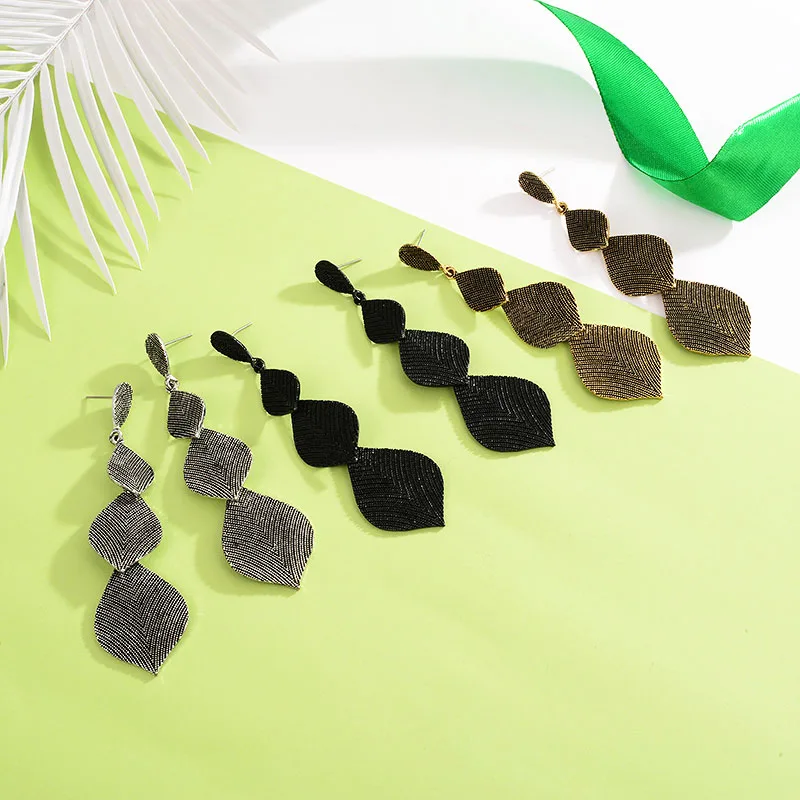 MAIKALE Hot Sale Alloy Leaf-Shaped Long Drop Earrings BlACK Color Simple Tandem Fashion Korean Earrings For Women To Friend Gift