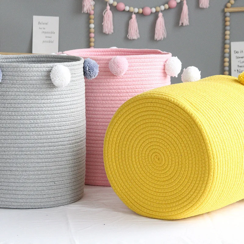 1Pcs 3Colors Hand Woven for Sundries Storage Box Cotton Rope Laundry Basket Foldable for Household Multi Purpose