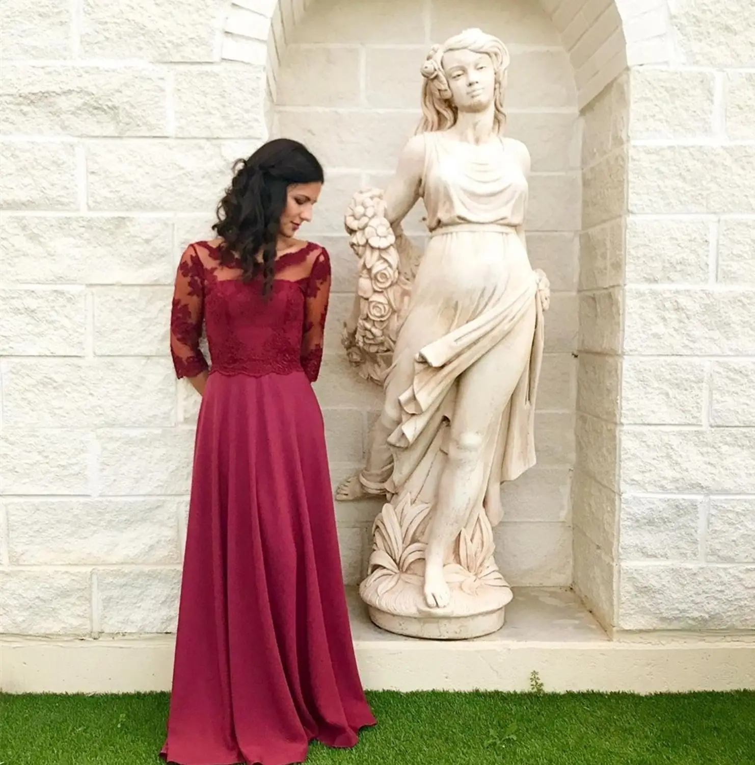 

2020 Evening Dress Red Wine Half Sleeve A-Line Prom Dress High Quality Formal Gowns Chiffon Floor Length Gorgeous Gowns O-Neck