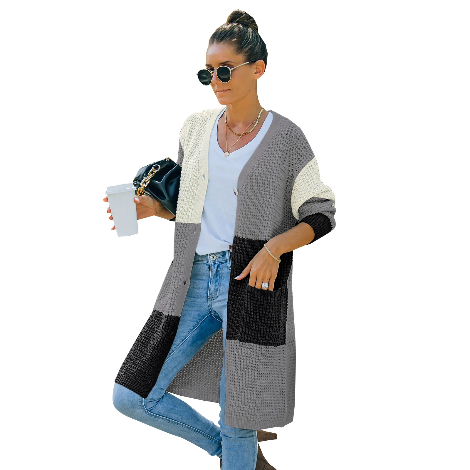 Autumn And Winter Fashion New Cardigan Sweater Women Long Sleeve Pockets Contrast Color Loose Sweater Elegant Single Breasted