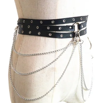 

Women Multi Holes Soft Practical Sexy Fashion Adjustable PU Leather For Dress With Chain Big Circle Decorative Waistband
