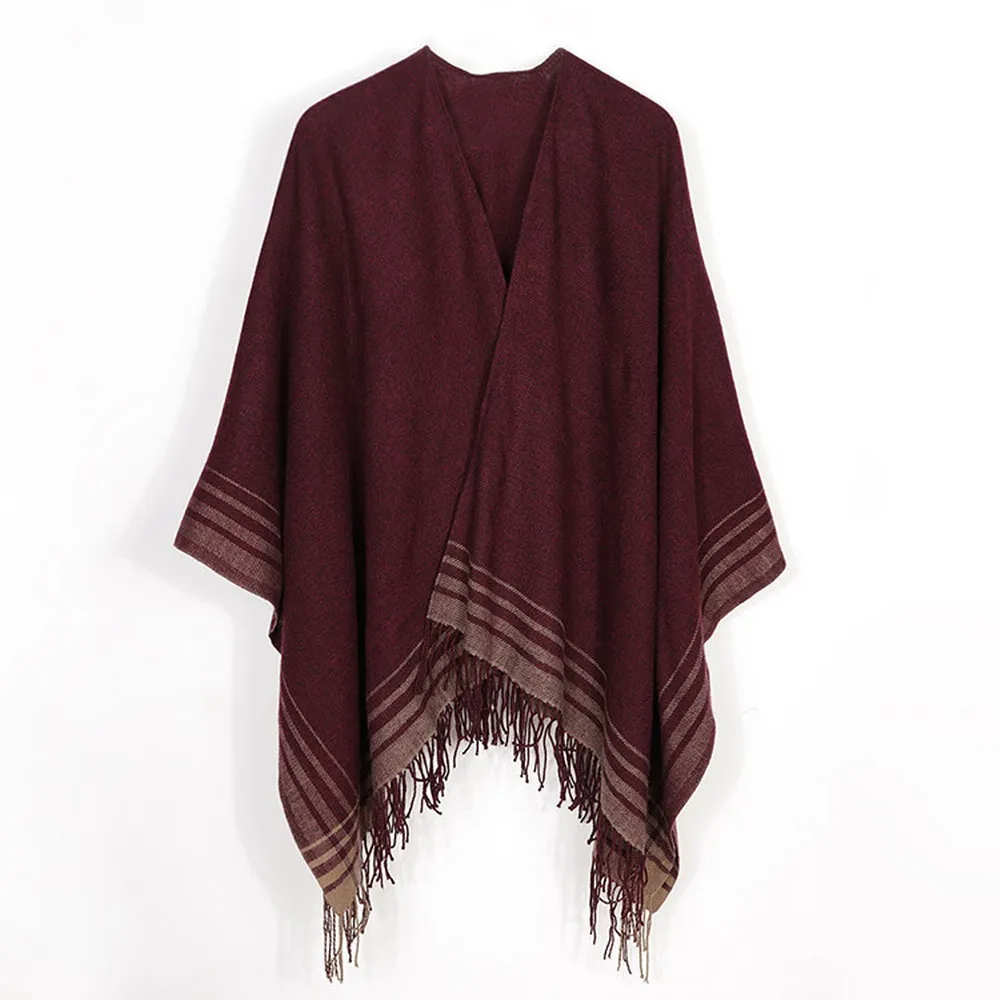 

Cashmere Winter Warm Ponchos Wraps Striped Female Capes Ponchos Foulard Tassle Shawls 134x157 Cm Winter Cape Dropshipping