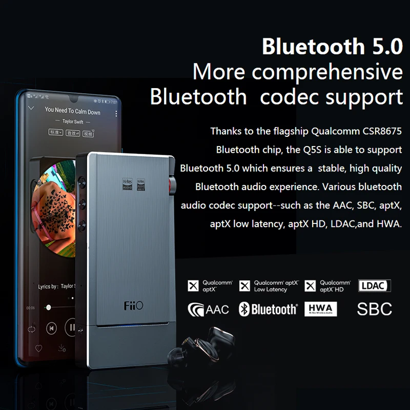 FiiO Q5s Hi-Fi аудио двойной AK4493EQ Bluetooth 5,0 DAC усилитель для наушников PCM 768 k/32bit DSD256 2,5/3,5/4,4 мм сделано для iphone