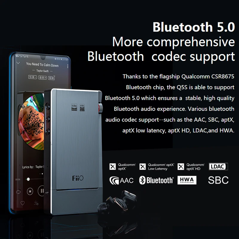 FiiO Q5s Hi Fi аудио двойной AK4493EQ Bluetooth 5 0 DAC усилитель для наушников PCM 768 k/32bit DSD256 2 5/3 5/4 4