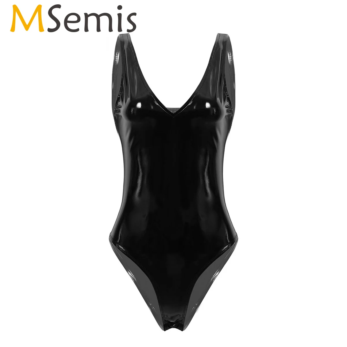 

MSemis Women Bodysuit Fashion Sexy Body Lingerie Wet Look Patent Leather Underwear Deep V Neck Leotard Catsuit Club Nightwear