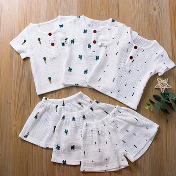 

2020 Summer Linen Baby Girls Suits Cotton Kids Outfits Children Clothing Set Newborn Boy Print Tops + Shorts Toddler Clothes 2T