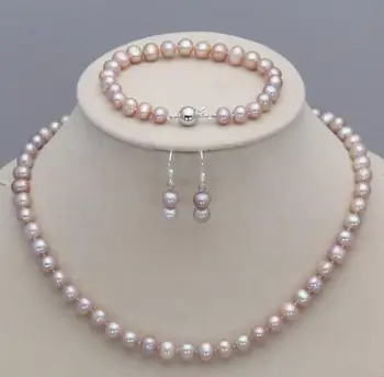 

Jewelry Free Shipping Genuine 7-8mm Lavender Freshwater Cultured Pearl Necklace Bracelet Earrings Set