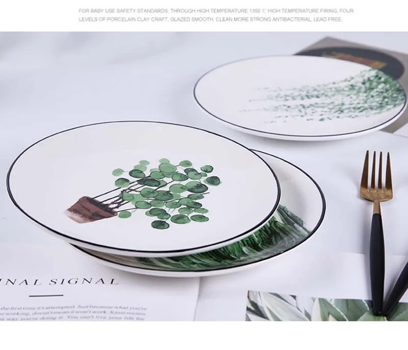 Round Green Plants Porcelain Dinner Plate Set 8 inch Tableware Wholesale Ceramic Dessert Plate Dinnerware Cake Plate