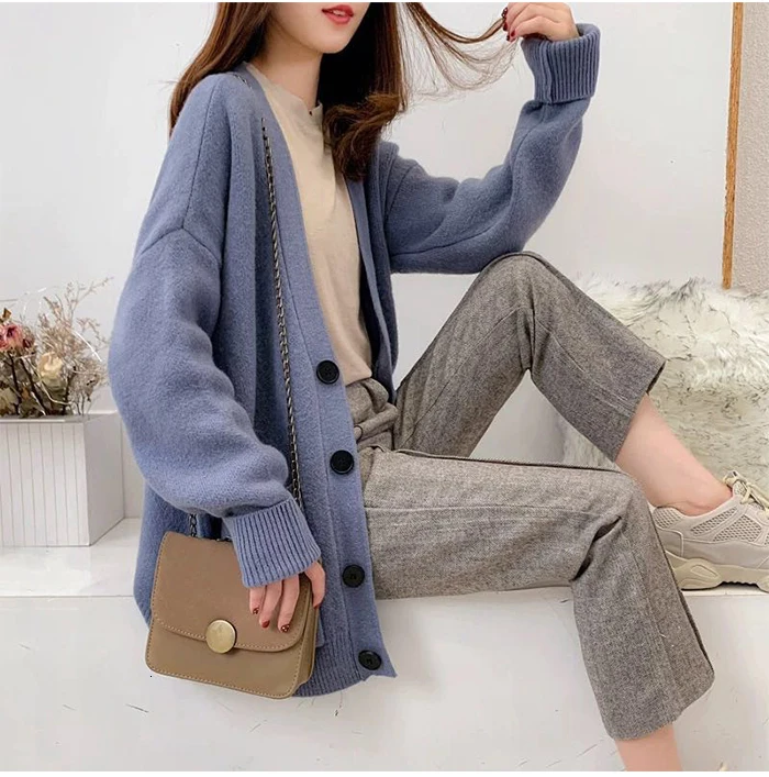 PEONFLY Midi Long Sweater Cardigan For Women Autumn Winter Pocket Long Sleeve Cardigan Female Knitted Jacket Women Red Blue