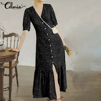 

Korean Shirt Dress Celmia Women Polka Dot Vintage Summer Sundress 2020 Short Sleeve Female Split Buttons Ruffles Maxi Vestidos 7
