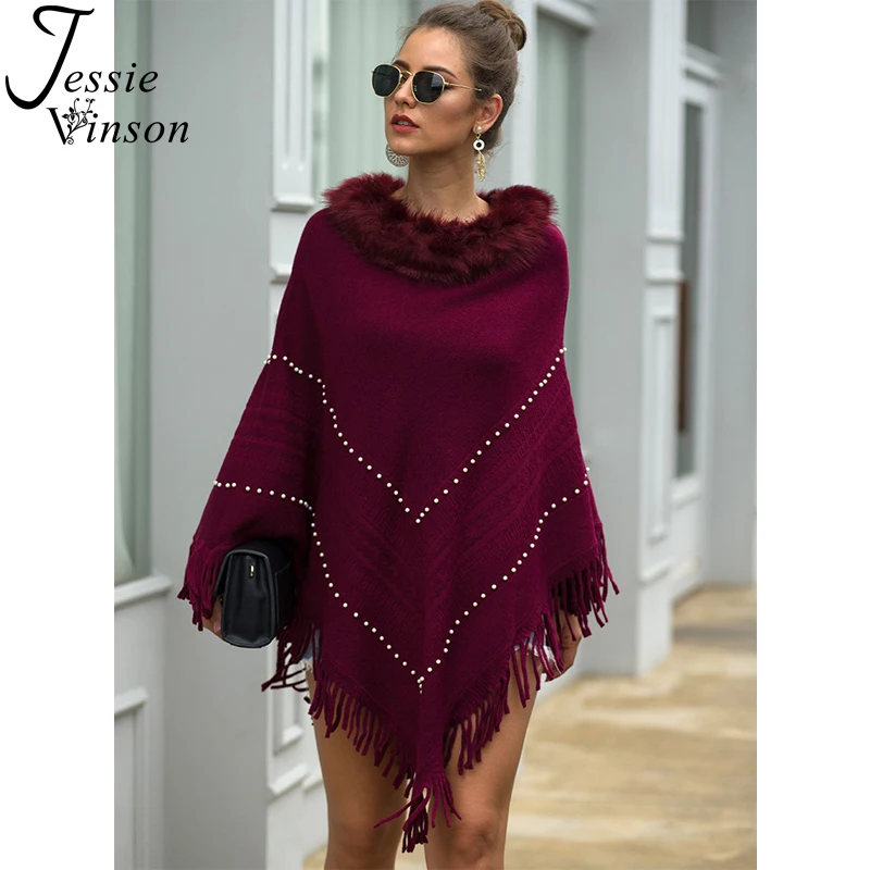 

Jessie Vinson Warm Fur Collar Tassels Beading Pullover Sweater Women Winter Elegant Sweater Cape Autumn Knitted Cloak Knitwear