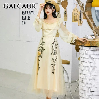 

GALCAUR Prairie Chic Print Dress Women Square Collar Flare Sleeve Large Size Patchwork Mesh Maxi Dresses Female 2020 Fashion New