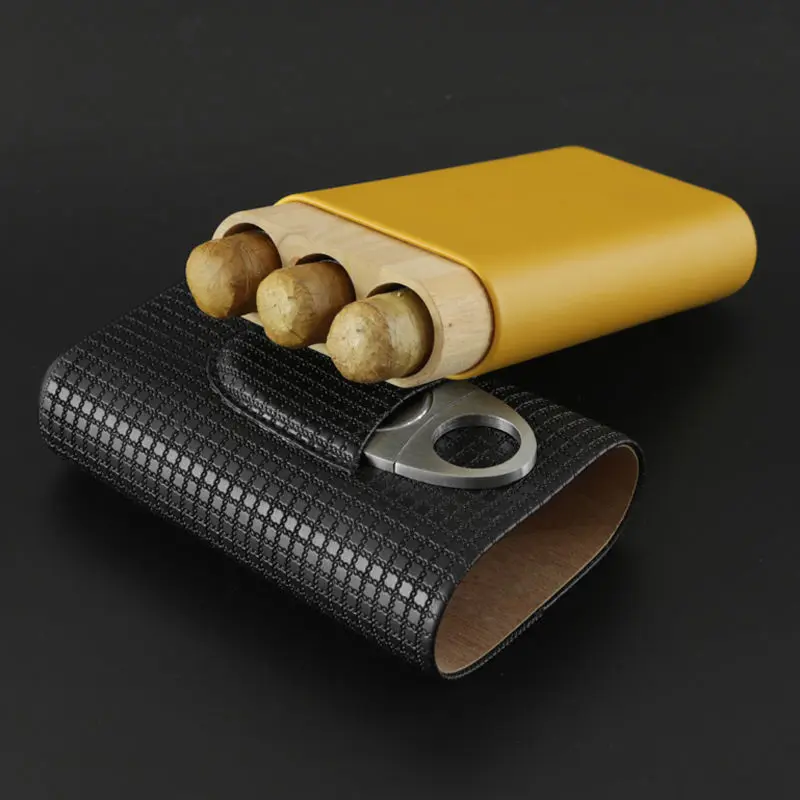

Leather Cedar Wood Cigar Case Portable 3 Tubes Holder Travel Humidor Cigars Accessories W/ Cigar Cutter