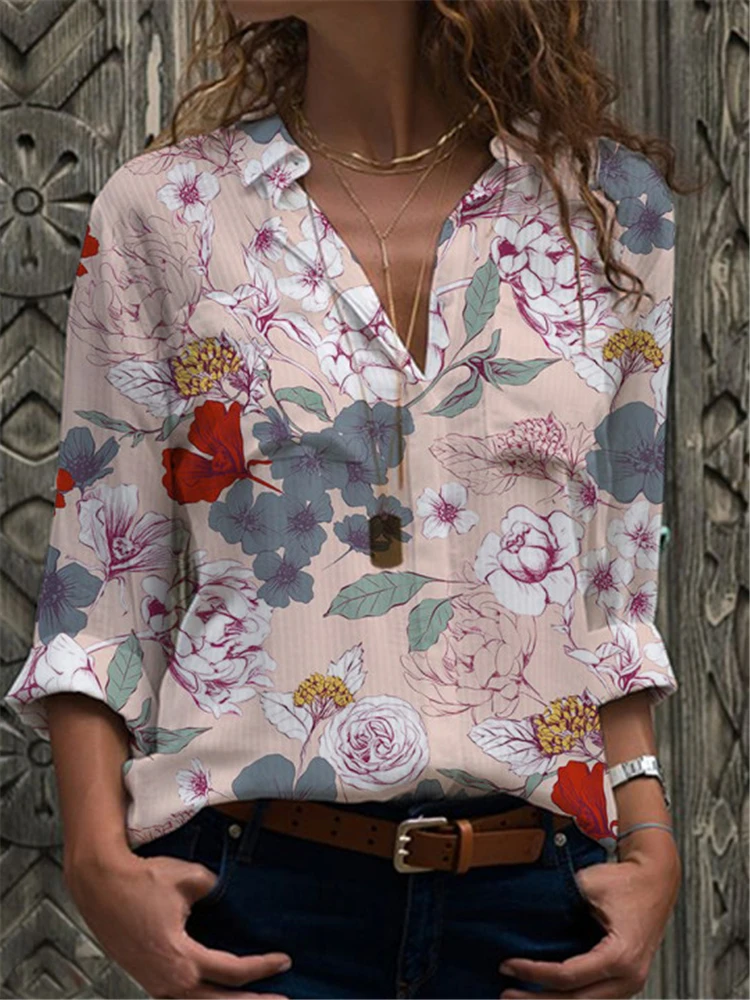 

New shirt casual large size all-match women's shirt temperament long-sleeved shirt printed top ladies blouse women shirt