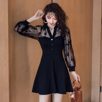 

Vintage Dress Autumn Winter New Fashion Mesh Patckwork Buttons Mini Black Dress Women A Line S-XXL OL High Waist Dresses Elegant