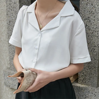 

Solid Summer Blouses Shirts Casual Women Turn-down Collar Blouses Cardigans Short Sleeves Loose Chiffon Shirts Blusas Mujer