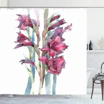 

Shower Curtain Set with Hooks 60x72 Inches Watercolor Gladiolus Blossom Sketch White Purple Typography Garden Color Textured