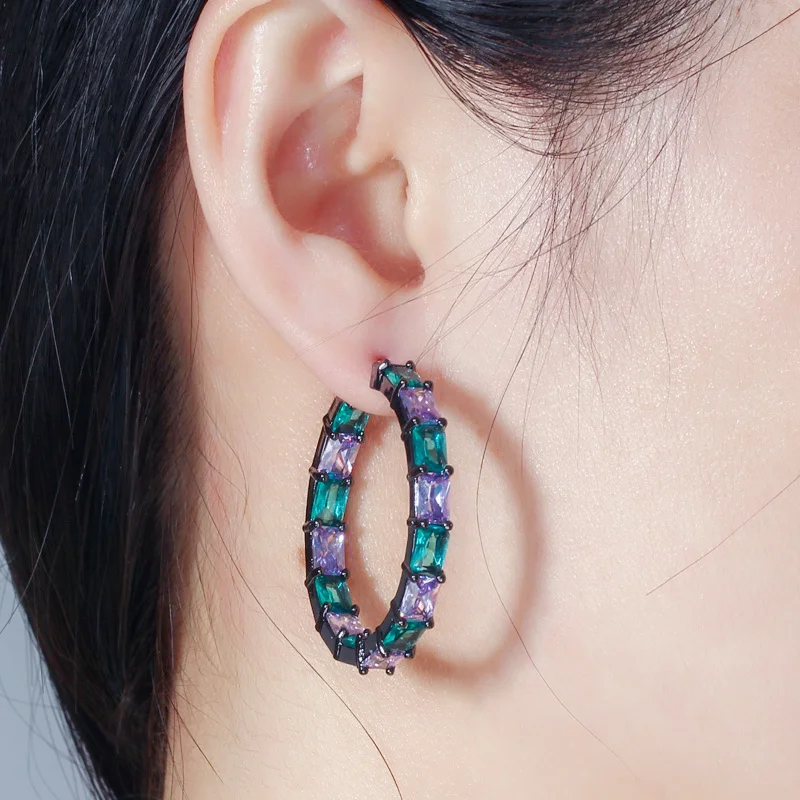 CWWZircons Luxury Designer Brazilian Black Gold Bamboo Big Circle Round Blue CZ Crystal Hoop Earrings Jewelry for Women CZ620
