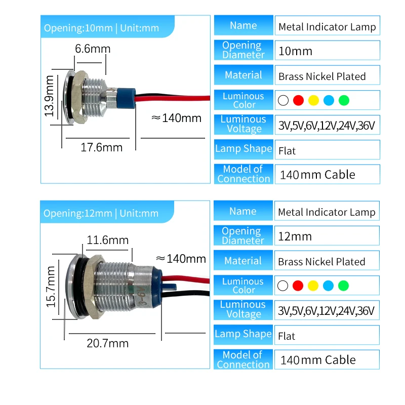 Description Picture 5 of item6mm 8mm 10mm 12mm 16mm Metal LED Warning indicator light Waterproof IP67 Signal Lamp Pilot Wires switch 3V 5V 12V 220V Red Blue