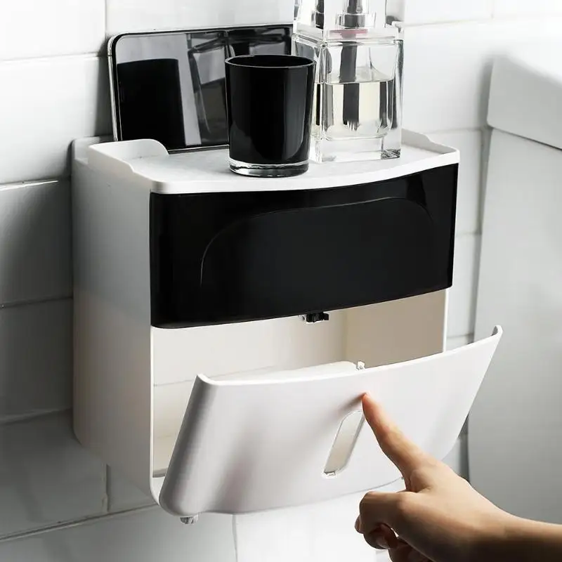 

Bathroom Waterproof Tissue Box Bath Toilet Paper Holder Wall Mounted Creative Tray Paper Storage Box Double Layer Dispenser