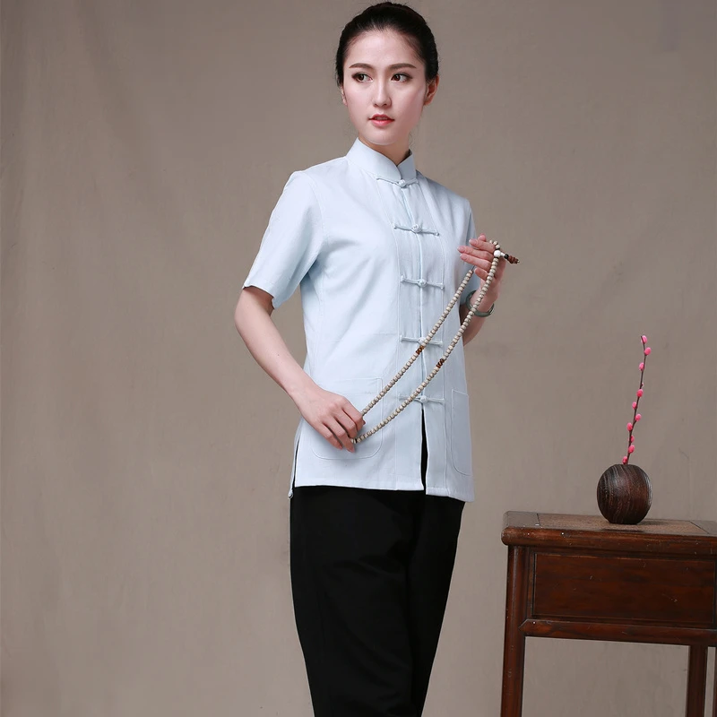 Light Blue tunic Cotton Chinese Traditional Women Kung Fu Blouses Tang Suit Shirts Tops Camisa blusa tops High Quality