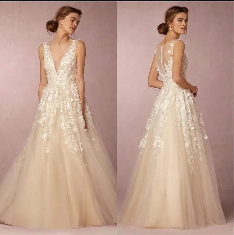 

Romantic Wedding 3D Floral Wedding Dresses 2020 A Line Bridal Gowns Appliques Beading Illusion Back with Zipper for Brides