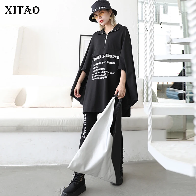 

XITAO Black Plus Size Sweatshirt Women Fashion Print Letter 2019 Autumn Turn Down Collar Pullover Batwing Sleeve Top WLD2447