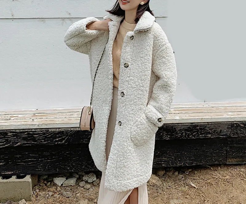 RealShe зимнее женское пальто с отложным воротником, с длинным рукавом, на пуговицах, с карманами, шерстяные пальто и куртки для женщин, Осеннее теплое шерстяное пальто для женщин - Цвет: white coat women