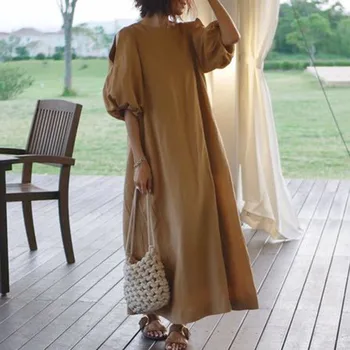 

Solid Puff Sleeve Dress Women Korean Spring Summer 3/4 Sleeve A-Line Plain Loose Causal Ankle Length Pullover Long Dress Khaki
