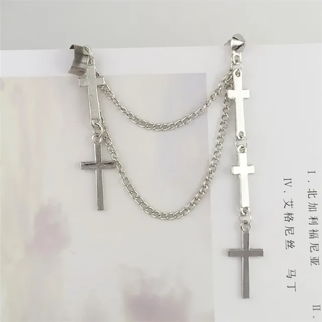 Fashion Punk Black Cross Drop Earrings For Teens Vintage Rock Pride Long Chain Butterfly Ear Cuffs Women Earrings Girls Jewelry Silver one