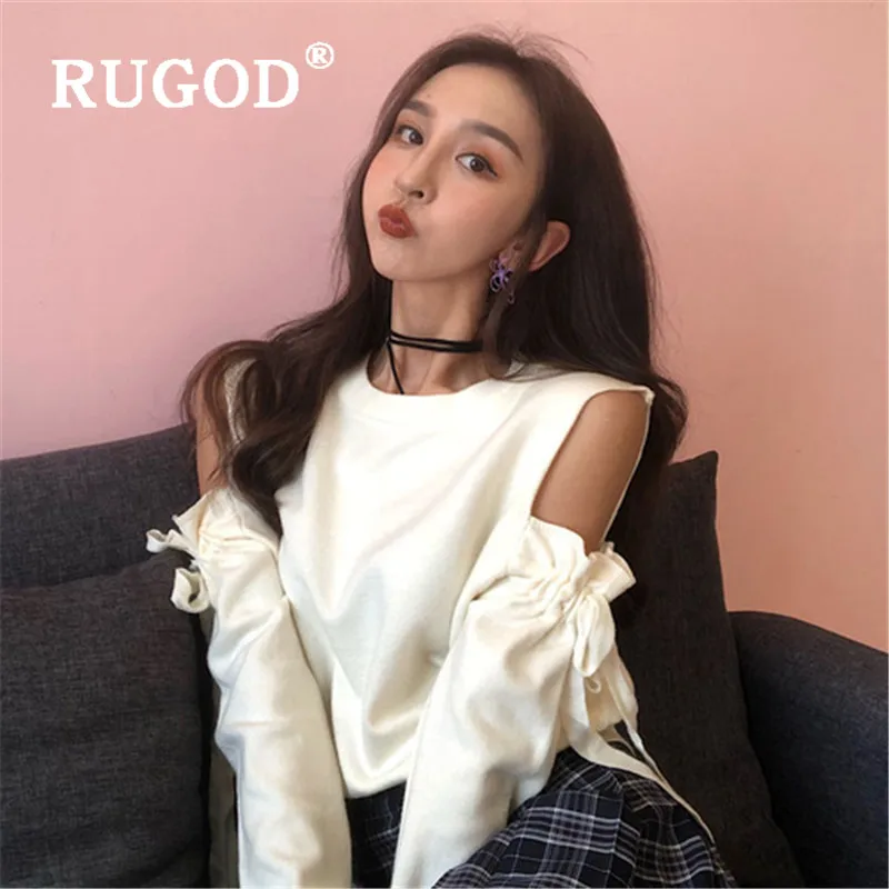 RUGOD, осенний женский свитер, пуловеры, Одноцветный, с круглым вырезом, с открытыми плечами, на шнуровке, вязаный пуловер, Модный женский элегантный милый топ
