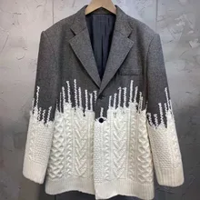 [EWQ] осень зима лоскутный полный рукав панелями СВОБОДНЫЙ Модный женский вязаный стеганый костюм куртка повседневное серое пальто QJ741