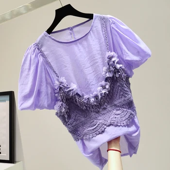 

Summer Top Shirt Woman Loose Puff Sleeve Chiffon Shirt Women's Beaded Diamond Flower Strap Two-Piece Fashion Blouse Blusas Tops