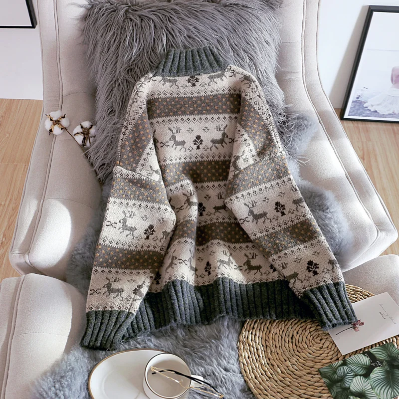 Полувысокий воротник свитер Осенне-зимняя Дамская обувь новые свободные жаккардовая одежда с оленем; вязаный джемпер с длинным рукавом, пуловеры, пальто, топы элегантный дизайн
