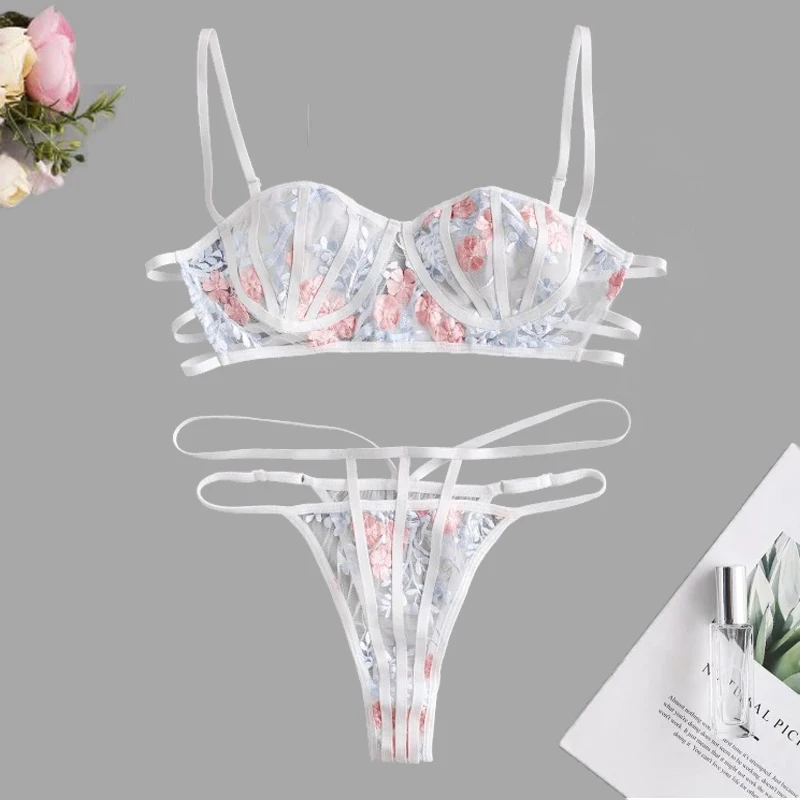 ADULOTY, кружевной клетчатый Бралетт с цветочной вышивкой, комплект нижнего белья, сексуальный бюстгальтер, прозрачное Сетчатое женское нижнее белье, ночное белье и стринги - Цвет: Белый