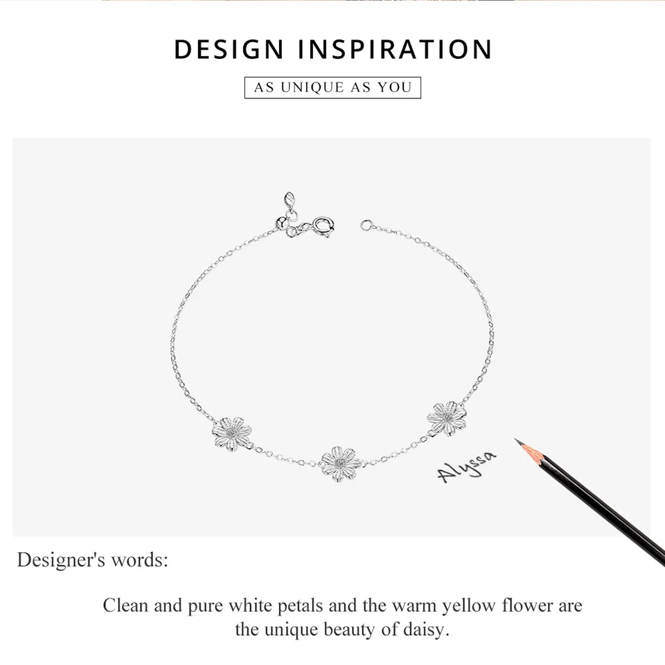 bamoer GXB165 925 Sterling Silver Women Bracelets Pure Daisy Yellow Flower Bangles Valentine Day Gift Fine Wedding Jewelry