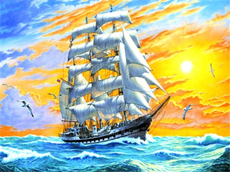 DIY Diamond Painting New Arrival Sailboat Home Decor Full Square round Mosaic Ship Embroidery Sunset Sea 6