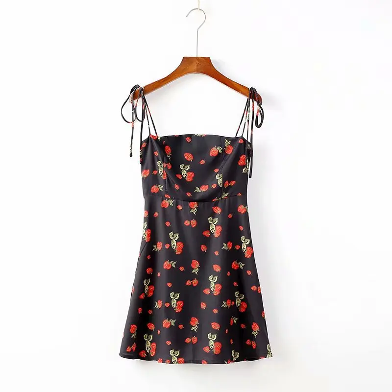 

8075-19 Summer Europe And America Sexy Slim Models Shoulder Lace-up Berry Printed Plain Top off-Shoulder Strapped Dress