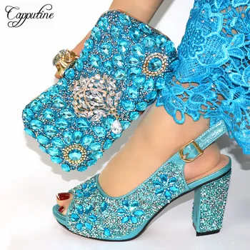 

High Class Sky Blue Evening High Heel Shoes And Purse Bag Set With Crystal Stones CR940 Heel Height 9.3CM