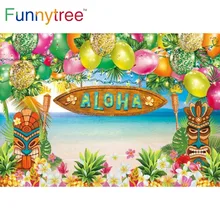 

Funnytree ALOHA Backdrop Wooden Mask Balloon Flowers Leaves Beach Sea Coconut Tree Birthday Background Custom Poster Photocall
